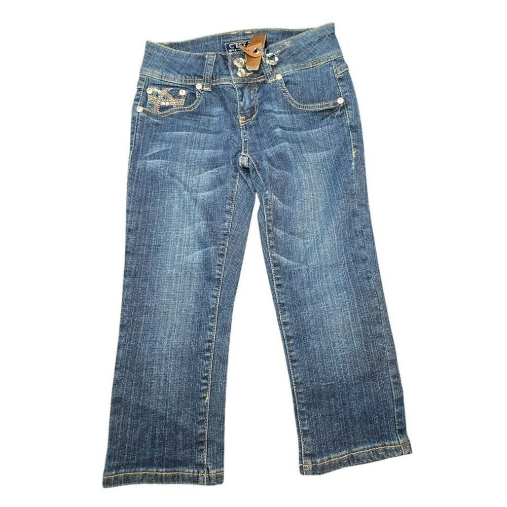 CEst Toi Juniors Capri Jeans Rhinestone Pocket Designs Size 3 Stretch JJ3999